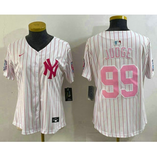 Women's New York Yankees #99 Aaron Judge White Pink Pinstripe Fashion Cool Base Jersey - Ujersey