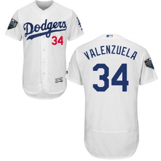 Men's Majestic Los Angeles Dodgers #34 Fernando Valenzuela White Home Flex Base Authentic Collection 2018 World Series MLB Jersey - Ujersey