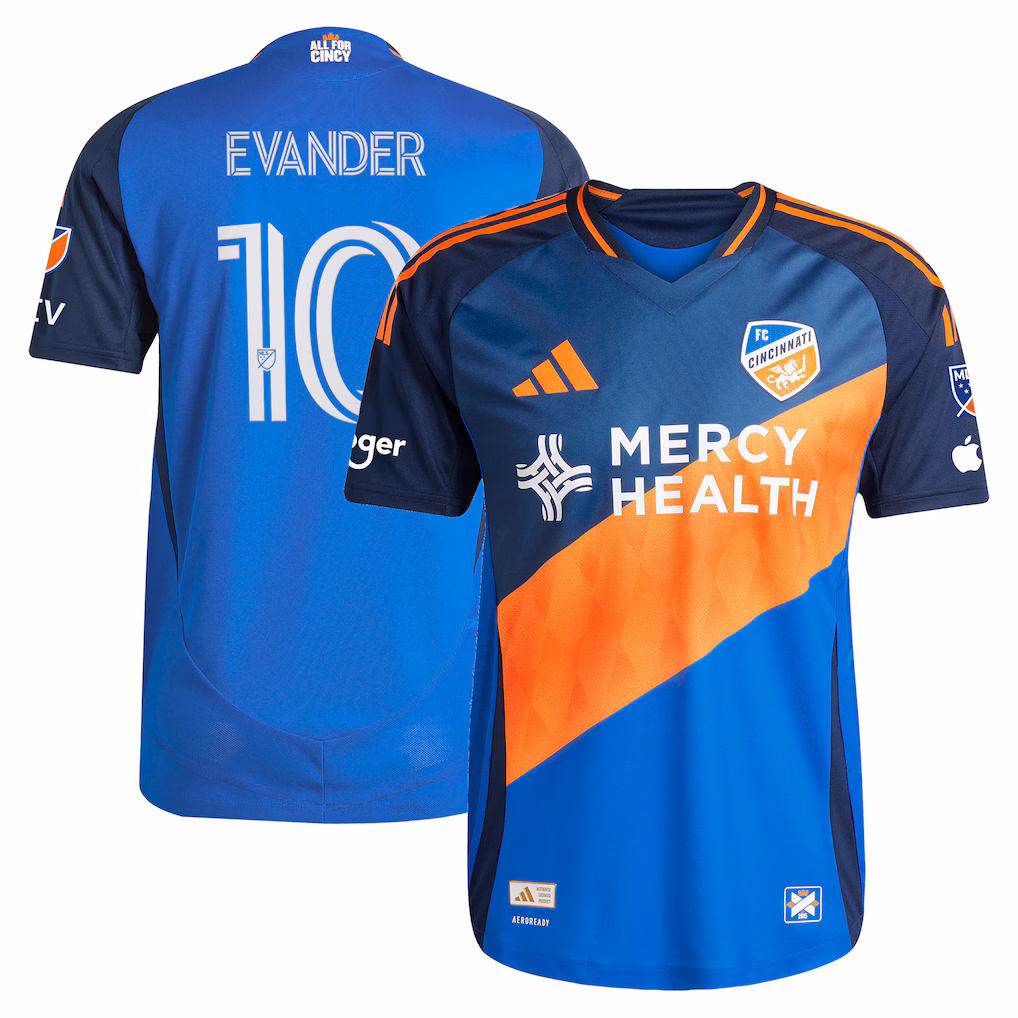 Men's FC Cincinnati Evander da Silva Ferreira adidas Blue 2025 Orange and Blue Legacy Kit On-Field Authentic Jersey - Ujersey NHL