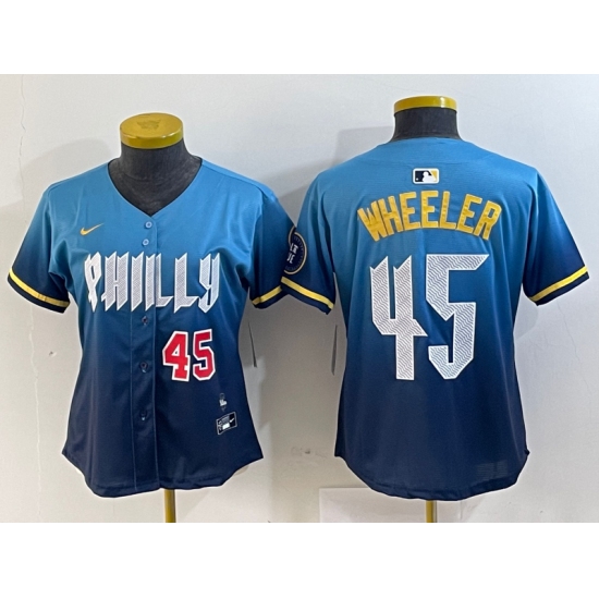 Women's Philadelphia Phillies #45 Zack Wheeler Blue 2024 City Player Number Cool Base Stitched Jerseys - Ujersey