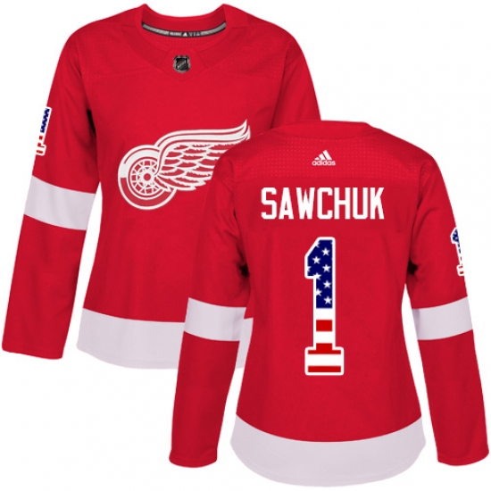 Women's Adidas Detroit Red Wings #1 Terry Sawchuk Authentic Red USA Flag Fashion NHL Jersey - Ujersey