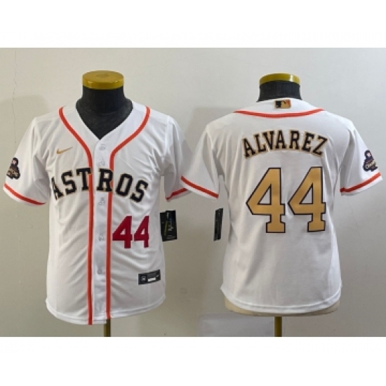 Youth Houston Astros #44 Yordan Alvarez Number 2023 White Gold World Serise Champions Cool Base Stitched Jerseys - Ujersey