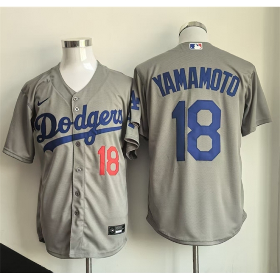 Men's Los Angeles Dodgers #18 Yoshinobu Yamamoto Gray Cool Base Stitched Baseball Jersey - Ujersey