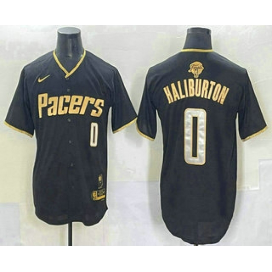 Men's Indiana Pacers #0 Tyrese Haliburton Black Gold 2025 Finals Vapor Stitched Baseball Jersey - Ujersey