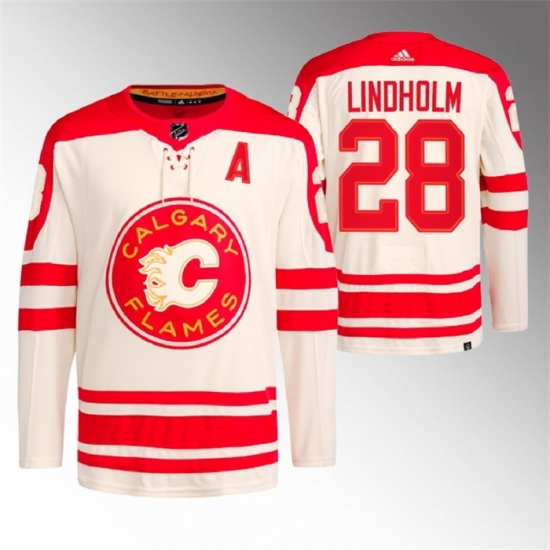 Men's Calgary Flames #28 Elias Lindholm 2023 Cream Heritage Classic Primegreen Stitched Jersey - Ujersey