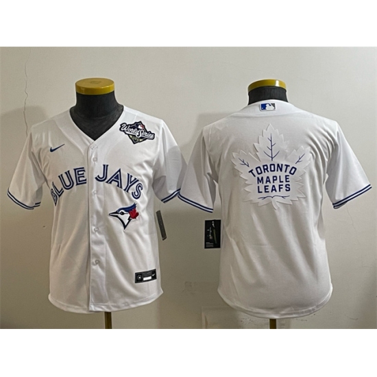Youth Toronto Blue Jays & Leafs White 2025 World Series With White Leafs Logo Cool Base Stitched Baseball Jersey - Ujersey