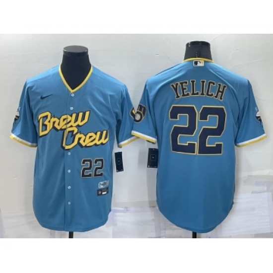 Men's Milwaukee Brewers #22 Christian Yelich Number Blue 2022 City Connect Cool Base Stitched Jersey - Ujersey