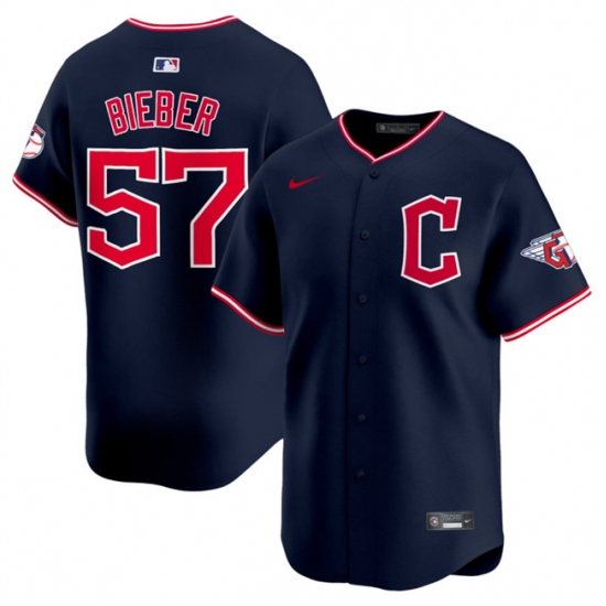 Men's Cleveland Guardians #57 Shane Bieber Navy 2025 Alternate Limited Stitched Baseball Jersey - Ujersey