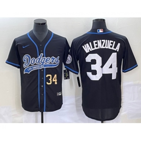Men's Los Angeles Dodgers #34 Fernando Valenzuela Number Black Cool Base Stitched Baseball Jersey - Ujersey