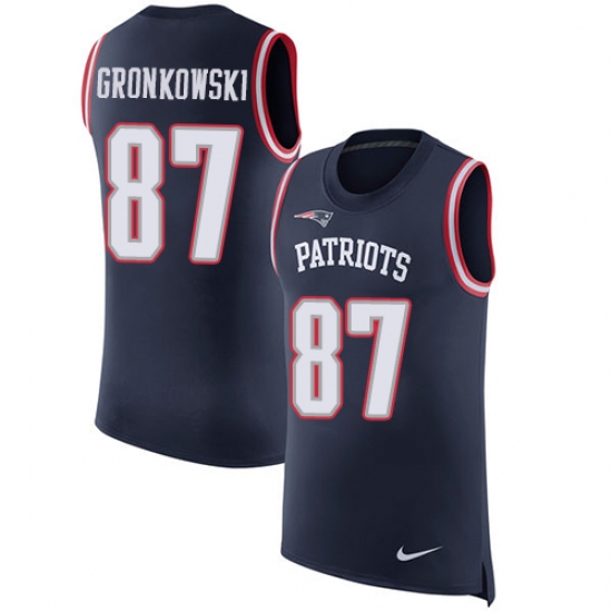 Men's Nike New England Patriots #87 Rob Gronkowski Limited Navy Blue Rush Player Name & Number Tank Top NFL Jersey - Ujersey