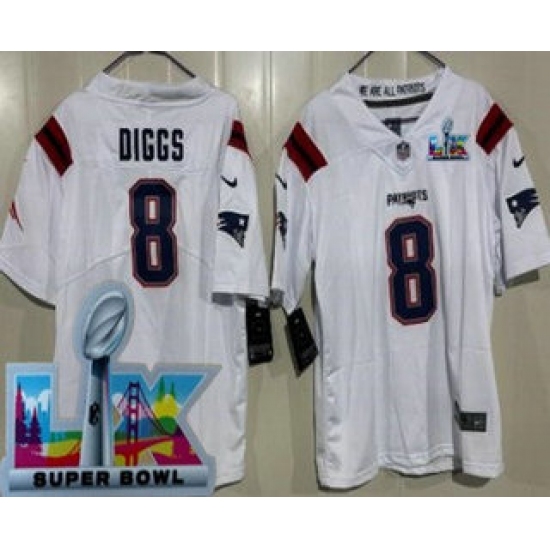 Youth New England Patriots #8 Stefon Diggs Limited White Super Bowl LX Vapor Jersey - ujerseystore