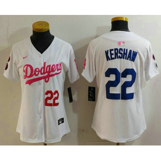 Women's Los Angeles Dodgers #22 Clayton Kershaw Number White Pink With Limited Stitched Jersey