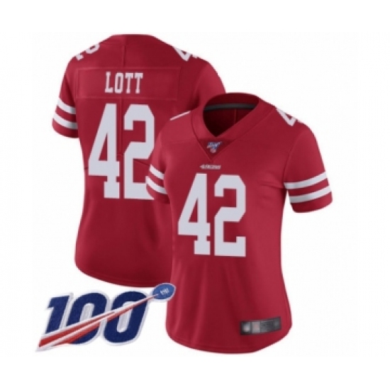 Women's San Francisco 49ers #42 Ronnie Lott Red Team Color Vapor Untouchable Limited Player 100th Season Football Jersey - Ujersey
