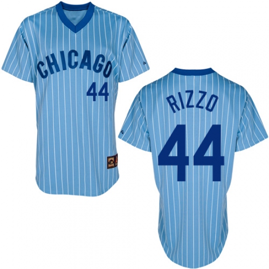 Men's Majestic Chicago Cubs #44 Anthony Rizzo Authentic Blue/White Strip Cooperstown Throwback MLB Jersey - Ujersey