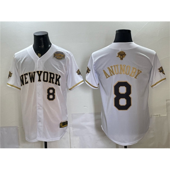 Men's New York Knicks #8 OG Anunoby White Gold 2026 Finals & Eastern Conference Champions Stitched Baseball Jersey - Ujersey