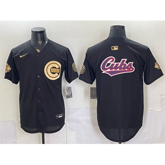 Men's Chicago Cubs Team Big Logo Black Gold 150th Anniversary Stitched Baseball Jersey