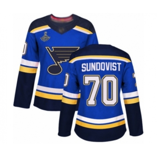 Women's St. Louis Blues #70 Oskar Sundqvist Authentic Royal Blue Home 2019 Stanley Cup Champions Hockey Jersey - Ujersey