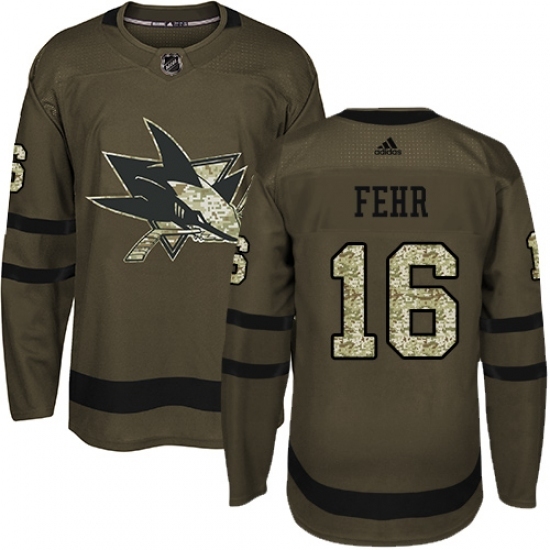 Men's Adidas San Jose Sharks #16 Eric Fehr Authentic Green Salute to Service NHL Jersey - Ujersey