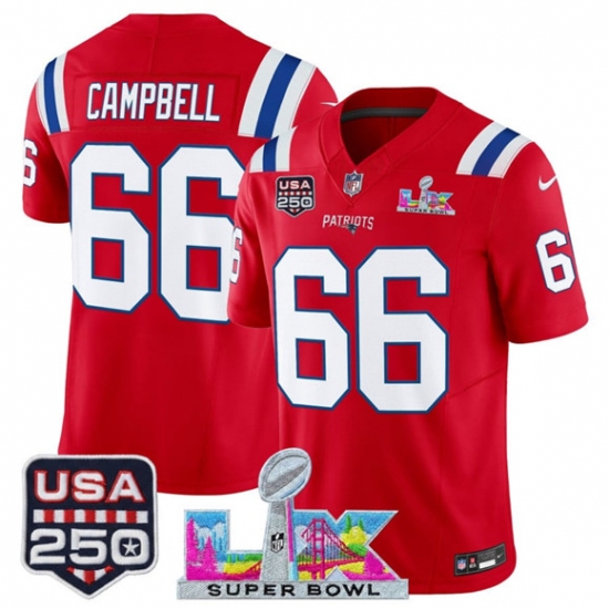 Men's New England Patriots #66 Will Campbell Red 2025 F.U.S.E. Super Bowl LX And USA 250 Vapor Limited Football Stitched Jersey - Ujersey