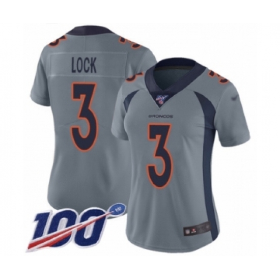 Women's Denver Broncos #3 Drew Lock Limited Silver Inverted Legend 100th Season Football Jersey - Ujersey