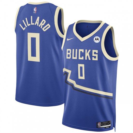 Men's Milwaukee Bucks #0 Damian Lillard Royal 2024-25 City Edition Stitched Basketball Jersey - Ujersey