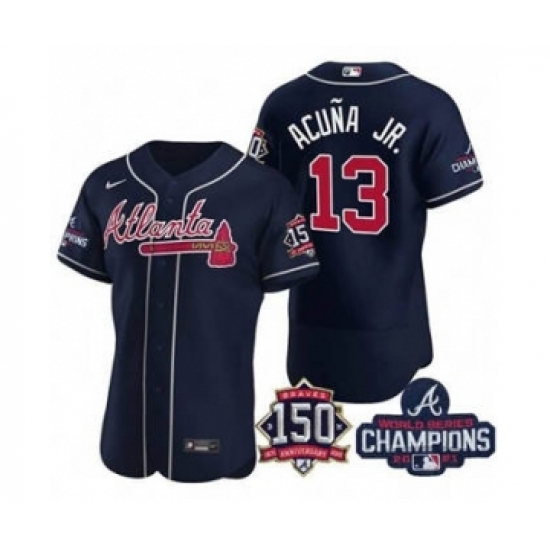 Men's Atlanta Braves #13 Ronald Acuna Jr. 2021 Navy World Series Champions With 150th Anniversary Flex Base Stitched Jersey - Ujersey