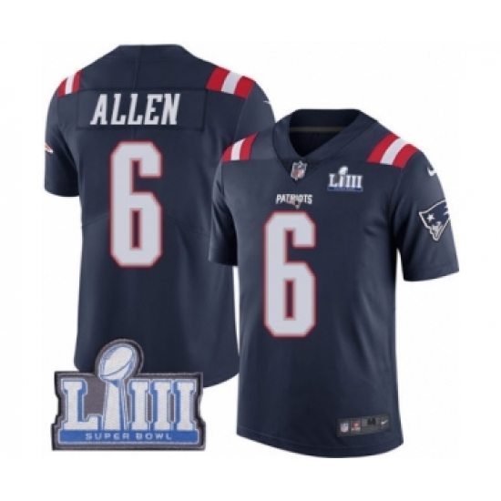 Men's Nike New England Patriots #6 Ryan Allen Limited Navy Blue Rush Vapor Untouchable Super Bowl LIII Bound NFL Jersey - Ujersey