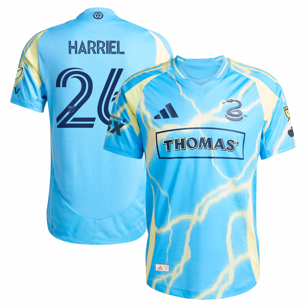 Men's Philadelphia Union Nathan Harriel adidas Blue 2025 The Voltage Kit On-Field Authentic Jersey - Ujersey NHL