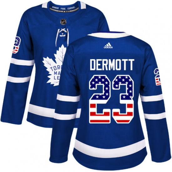 Women's Adidas Toronto Maple Leafs #23 Travis Dermott Authentic Royal Blue USA Flag Fashion NHL Jersey - Ujersey