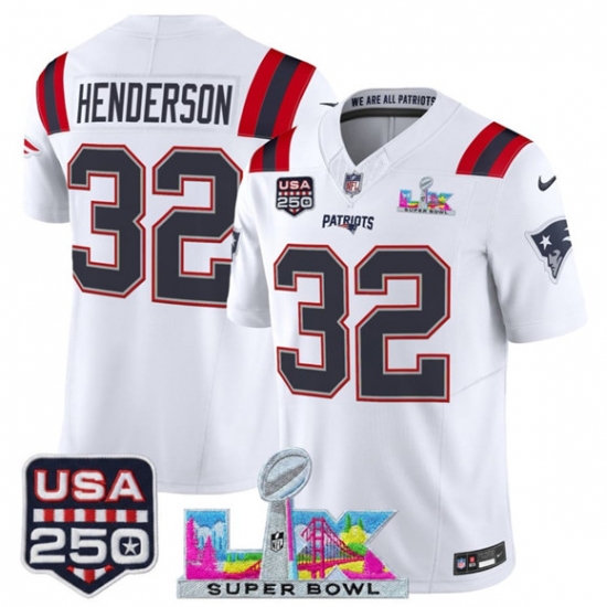 Men's New England Patriots #32 TreVeyon Henderson White 2025 F.U.S.E. Super Bowl LX And USA 250 Vapor Limited Football Stitched Jersey - Ujersey