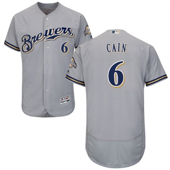 Men's Majestic Milwaukee Brewers #6 Lorenzo Cain Grey Road Flex Base Authentic Collection MLB Jersey - Ujersey