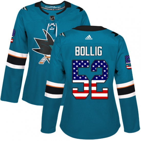 Women's Adidas San Jose Sharks #52 Brandon Bollig Authentic Teal Green USA Flag Fashion NHL Jersey - Ujersey