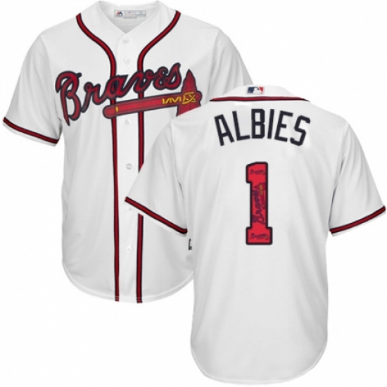 Men's Majestic Atlanta Braves #1 Ozzie Albies Authentic White Team Logo Fashion Cool Base MLB Jersey - Ujersey