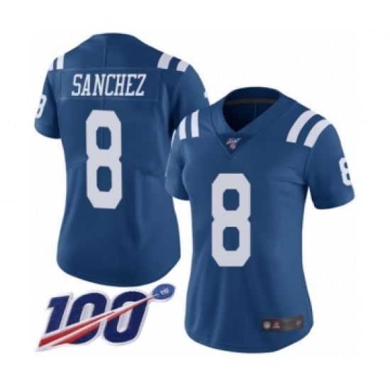 Women's Indianapolis Colts #8 Rigoberto Sanchez Limited Royal Blue Rush Vapor Untouchable 100th Season Football Jersey - Ujersey