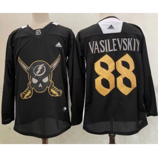 Men's Tampa Bay Lightning #88 Andrei Vasilevskiy Black Pirate Themed Warmup Authentic Jersey - Ujersey