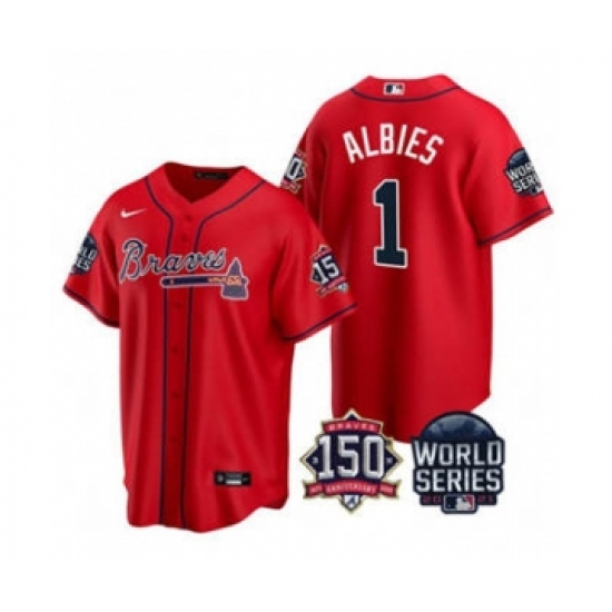 Men's Atlanta Braves #1 Ozzie Albies 2021 Red World Series With 150th Anniversary Patch Cool Base Baseball Jersey - Ujersey