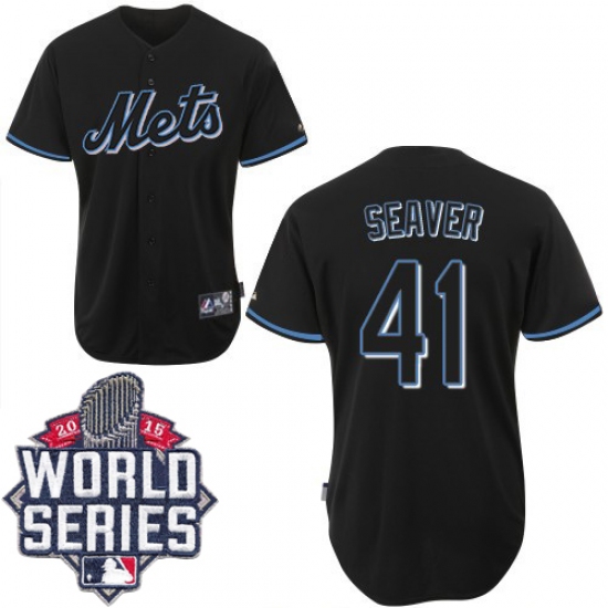 Men's Majestic New York Mets #41 Tom Seaver Authentic Black Fashion 2015 World Series MLB Jersey