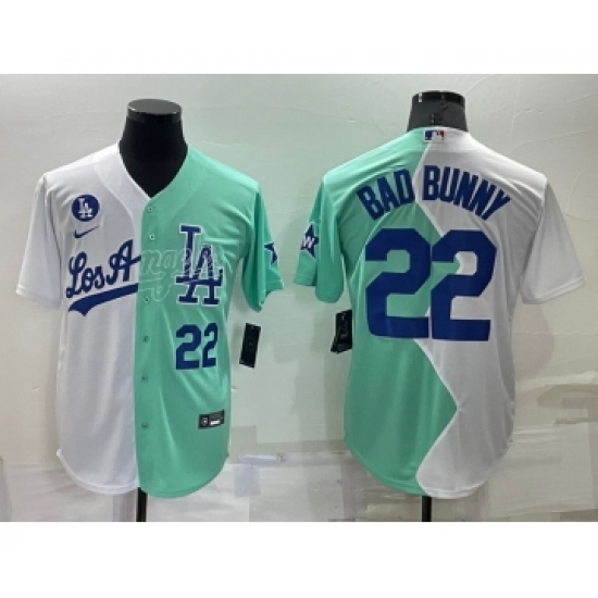 Mens Los Angeles Dodgers #22 Bad Bunny White Green Number 2022 Celebrity Softball Game Cool Base Jersey - Ujersey