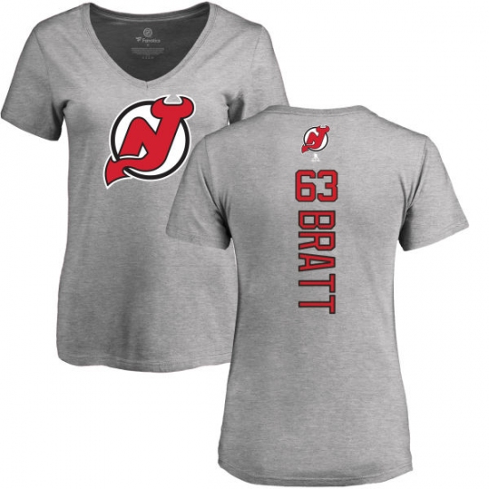 NHL Women's Adidas New Jersey Devils #63 Jesper Bratt Ash Backer T-Shirt - ujerseystore
