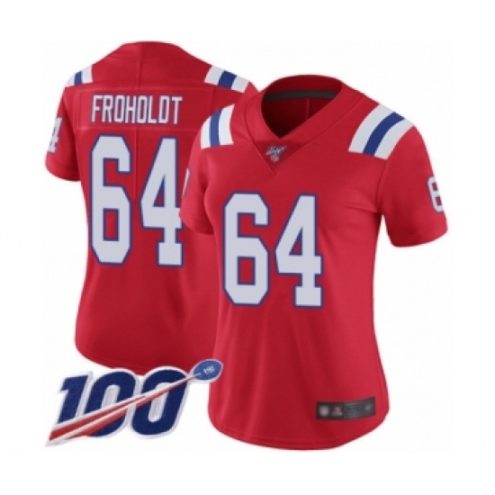 Women's New England Patriots #64 Hjalte Froholdt Red Alternate Vapor Untouchable Limited Player 100th Season Football Jersey - Ujersey