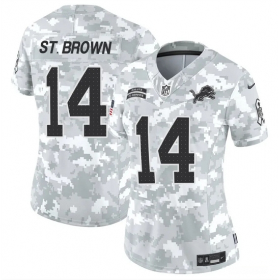Women's Detroit Lions #14 Amon-Ra St. Brown 2024 F.U.S.E Arctic Camo Salute To Service Limited Stitched Jersey(Run Small) - Ujersey