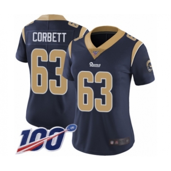 Women's Los Angeles Rams #63 Austin Corbett Navy Blue Team Color Vapor Untouchable Limited Player 100th Season Football Jersey - Ujersey