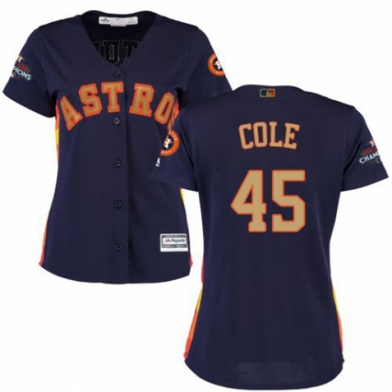 Women's Majestic Houston Astros #45 Gerrit Cole Authentic Navy Blue Alternate 2018 Gold Program Cool Base MLB Jersey - Ujersey
