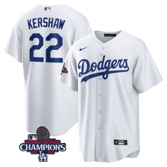 Men's Los Angeles Dodgers #22 Clayton Kershaw White 2024 World Series Champions Cool Base Stitched Baseball Jersey - Ujersey