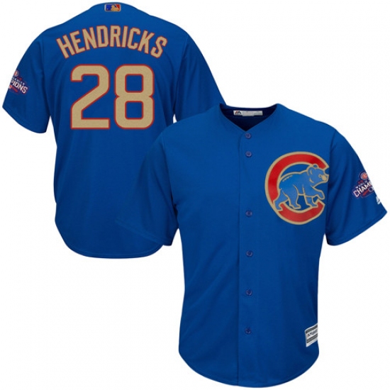 Youth Majestic Chicago Cubs #28 Kyle Hendricks Authentic Royal Blue 2017 Gold Champion Cool Base MLB Jersey - Ujersey
