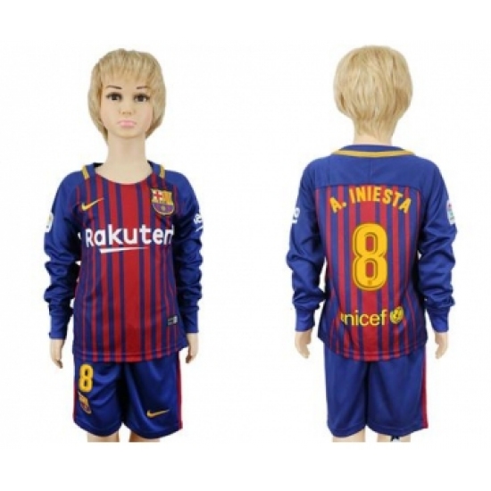 Barcelona #8 A.Iniesta Home Long Sleeves Kid Soccer Club Jersey