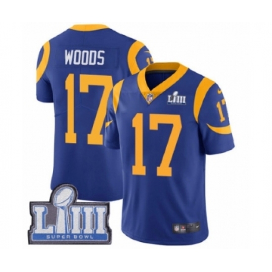 Men's Nike Los Angeles Rams #17 Robert Woods Royal Blue Alternate Vapor Untouchable Limited Player Super Bowl LIII Bound NFL Jersey - Ujersey