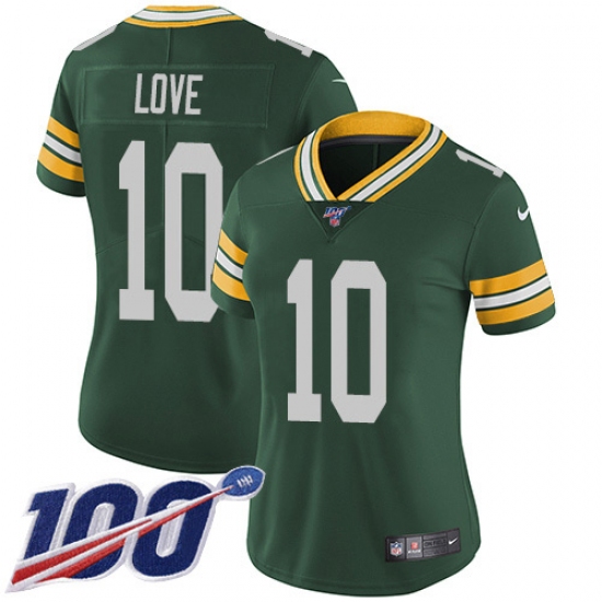 Women's Green Bay Packers #10 Jordan Love Green Team Color Stitched NFL 100th Season Vapor Untouchable Limited Jersey