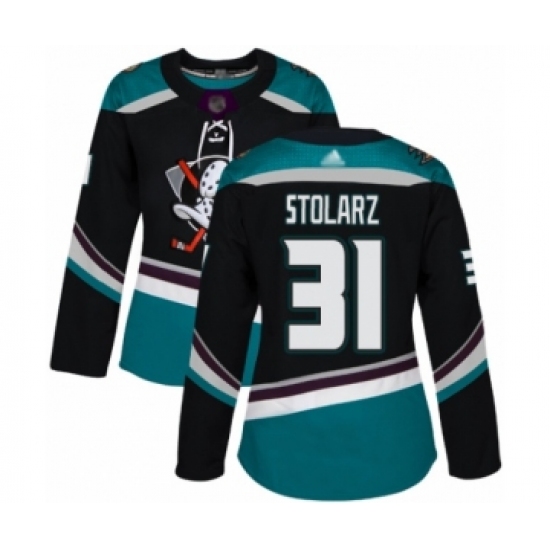 Women's Anaheim Ducks #31 Anthony Stolarz Authentic Black  Teal Alternate Hockey Jersey - Ujersey