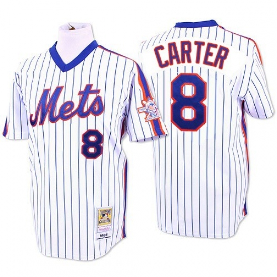 Men's Mitchell and Ness New York Mets #8 Gary Carter Replica White/Blue Strip Throwback MLB Jersey - Ujersey
